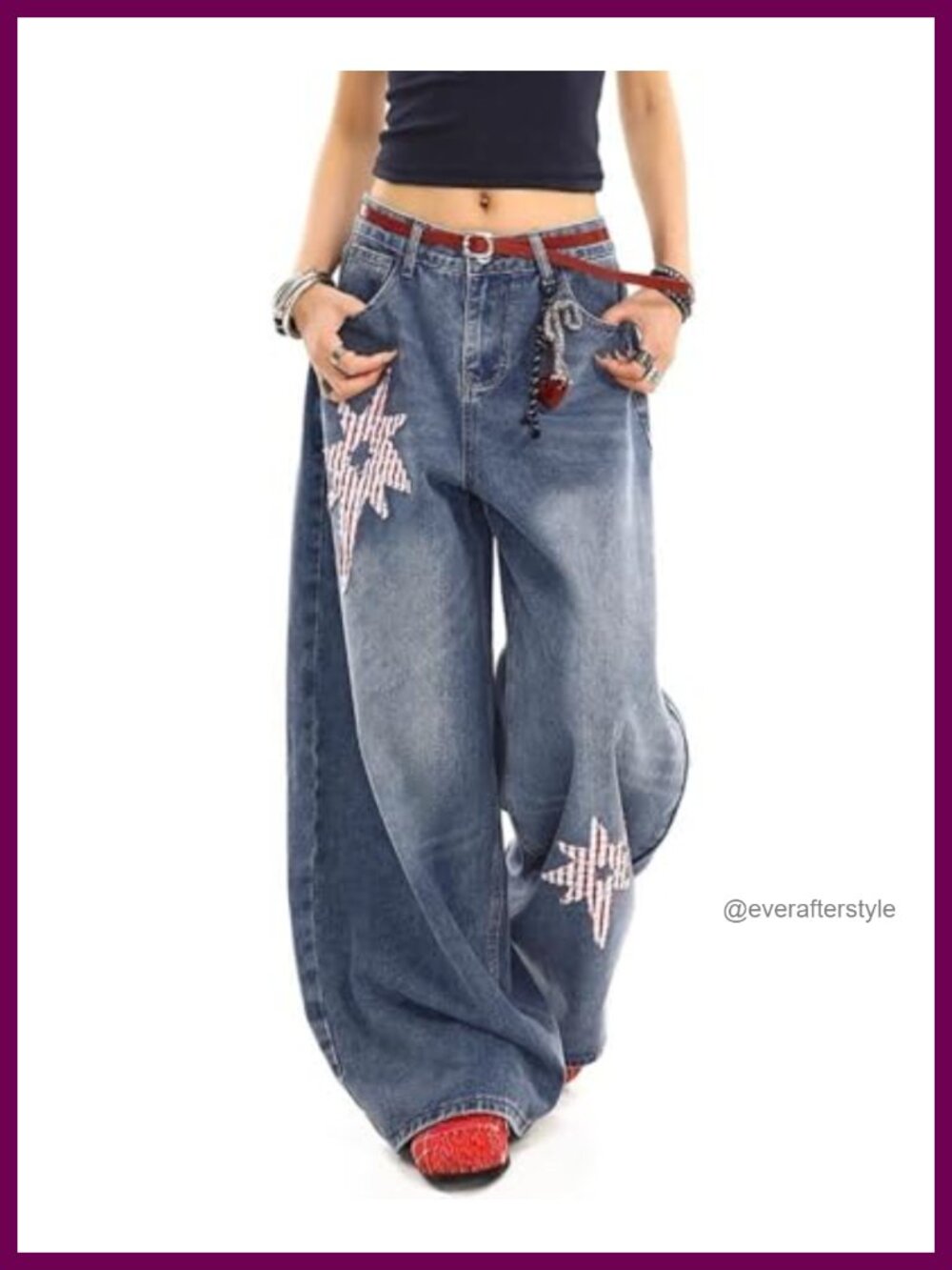 Baggy Barrel Jeans Low Rise Star Patchwork Y2K Cotton Blend - Picture 2 of 5